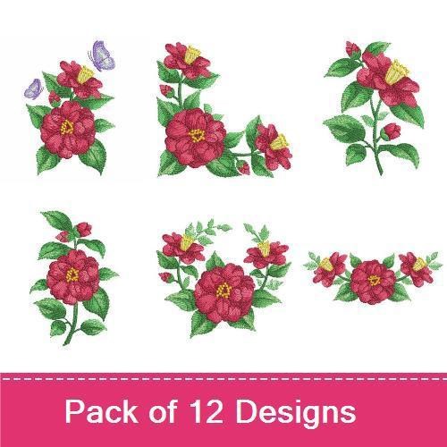 Red Camellia Floral Embroidery Bundle – Red Camellia with Butterfly, Red Camellia Heart, Decorative Red Camellia & More (12 Designs)