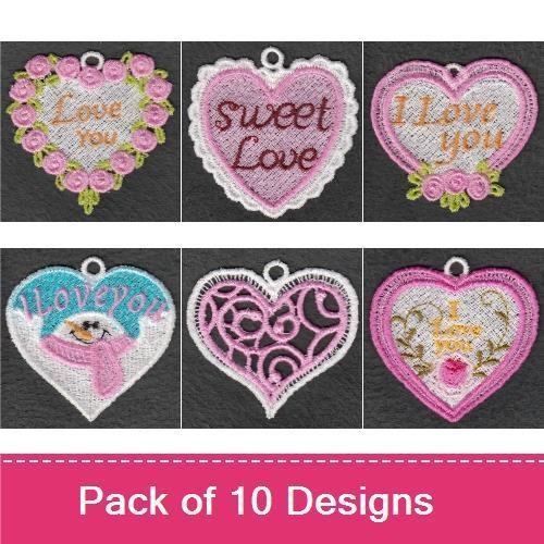 FSL Romantic Heart Lace Embroidery Designs Bundle – Sweet Love Heart, Lace Heart with Flowers, Rose Heart & More (10 Designs)