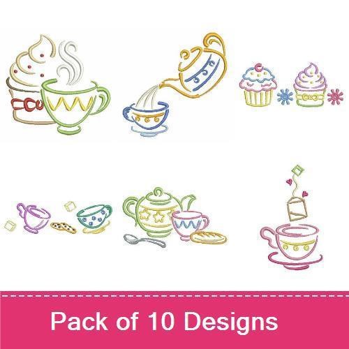 Redwork Tea and Dessert Embroidery Designs Bundle – Teapot, Cup and Saucer, Croissant & More (10 Designs)