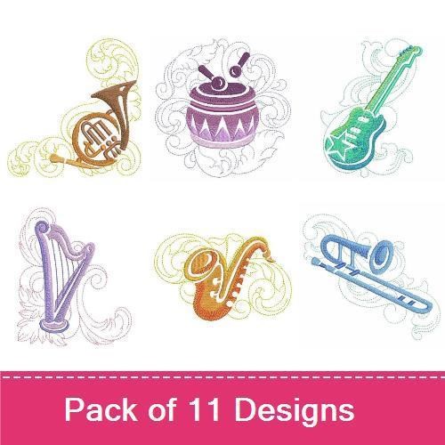 Musical Instruments Embroidery Designs Bundle – Guitar, French Horn, Drum, Harp & More (11 Designs)