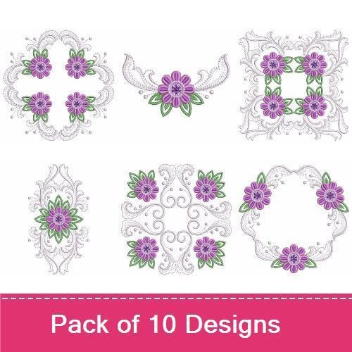 Floral Embellishment Embroidery Bundle – Floral Corner, Decorative Frame, Elegant Arrangement & More (10 Designs)