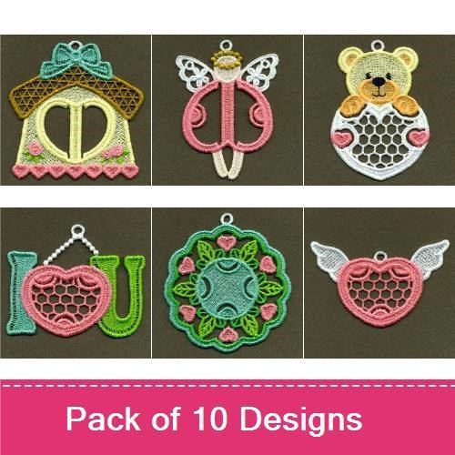 FSL Hearts and Love Embroidery Bundle – Heart Ornament with Rose, Bell Ornament, Butterfly Ornament & More (10 Designs)