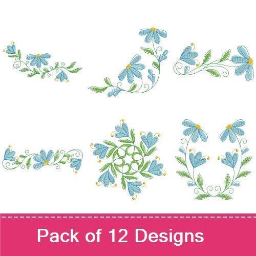 Floral Embellishments Embroidery Bundle – Blue Daisy Bouquet, Daisy Wreath, Floral Heart & More (12 Designs)