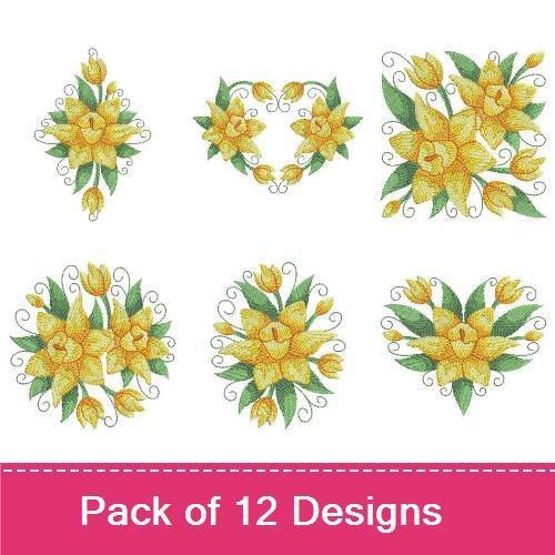 Daffodil Floral Embroidery Bundle – Daffodil Flower with Bees, Daffodil Floral Spray, Daffodil Bouquet with Ribbon & More (12 Designs)