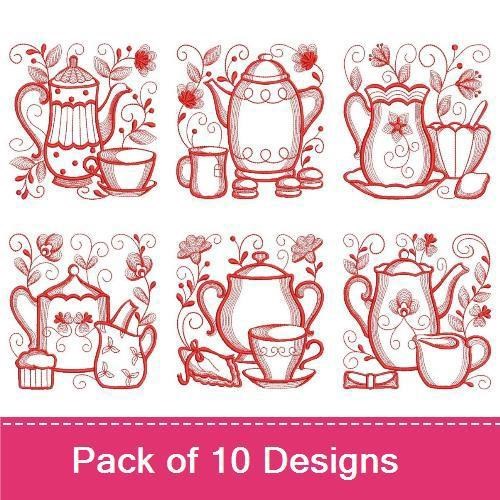 Redwork Tea Time Embroidery Designs Bundle – Teapot with Flower, Tea Cup, Sugar Bowl & More (10 Designs)