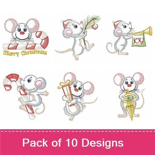 Christmas Mouse Embroidery Designs Bundle – Merry Christmas Mouse, Mouse with Candy Cane, Mouse with Gift & More (10 Designs)