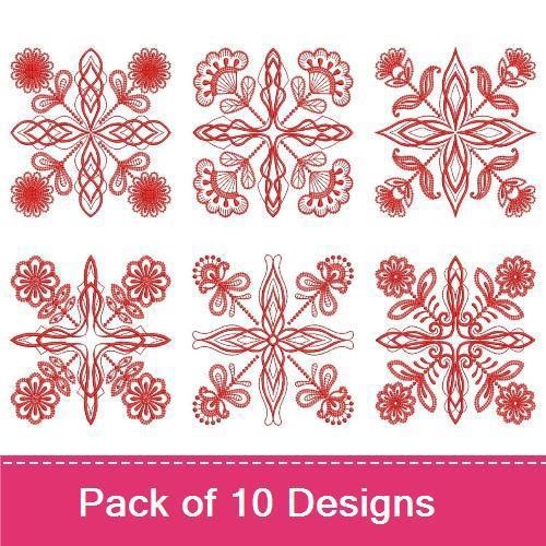 Redwork Elegant Floral & Abstract Embroidery Bundle – Floral Star, Lacy Flower, Intertwined Floral & More (10 Designs)