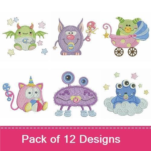 Cute Baby Monsters Embroidery Bundle – Baby Monster with Pacifier, Purple Monster in a Cart, Pink Baby Monster with Star & More (12 Designs)