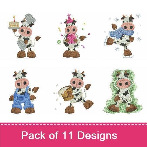 Cute Cow Characters Embroidery Bundle – Cow with Cake, Cow with Flower, Cow in Overalls & More (11 Designs)