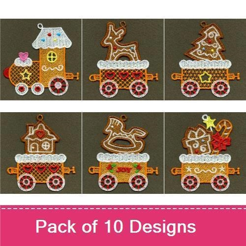 FSL Gingerbread Holiday Train Embroidery Bundle – Gingerbread Engine, Reindeer Wagon, House Wagon & More (10 Designs)