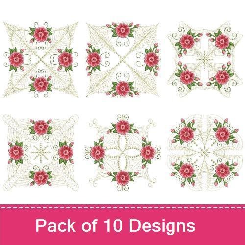Rippled Elegant Rose Quilt Blocks Embroidery Bundle – Floral Design, Lace Detail, Curved Patterns & More (10 Designs)