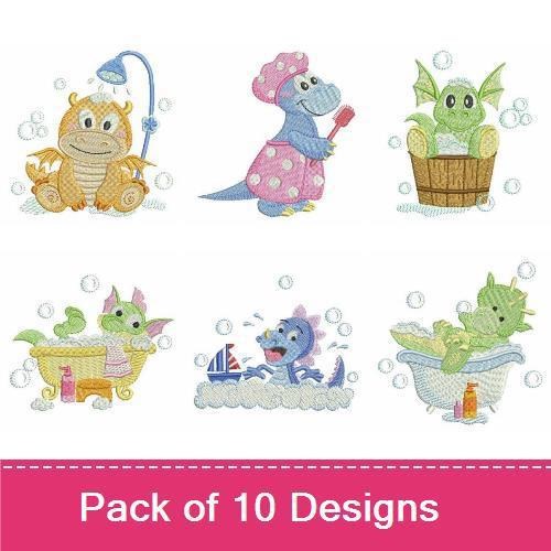 Cute Dragon Bath Time Embroidery Designs Bundle – Singing Dragon in Shower, Dragon with Soap, & More (10 Designs)