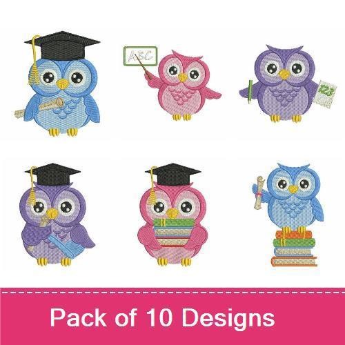 Scholarly Owls Embroidery Designs Bundle – Graduation Owl, Owl with Books, Owl Reading a Book & More (10 Designs)