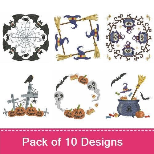 Halloween Embroidery Designs Bundle – Spider Web with Bats, Witches on Broomsticks, Pumpkins and Cat & More (10 Designs)
