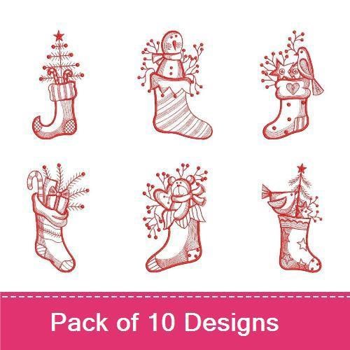 Redwork Christmas Stockings Embroidery Designs Bundle – Tree, Snowman, Angel & More (10 Designs)