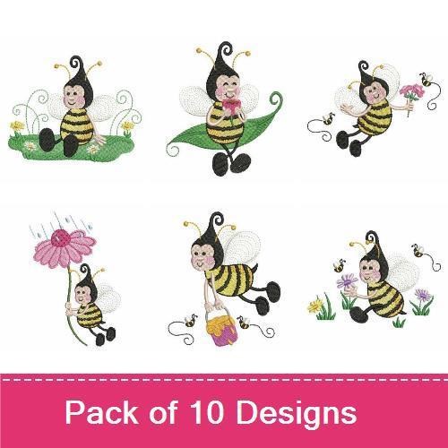 Bumblebee Adventures Embroidery Designs Bundle – Bumblebee with Flowers, Bumblebee Flying with Flower & More (10 Designs)