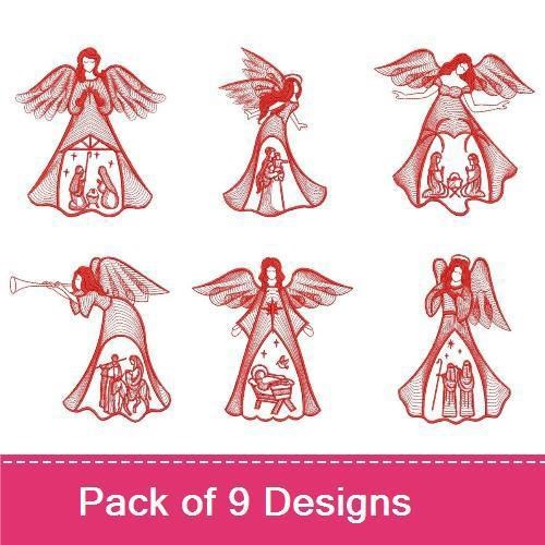 Redwork Nativity Angels Embroidery Designs Bundle – Angel with Praying Hands, Angel with Trumpet, & More (9 Designs)