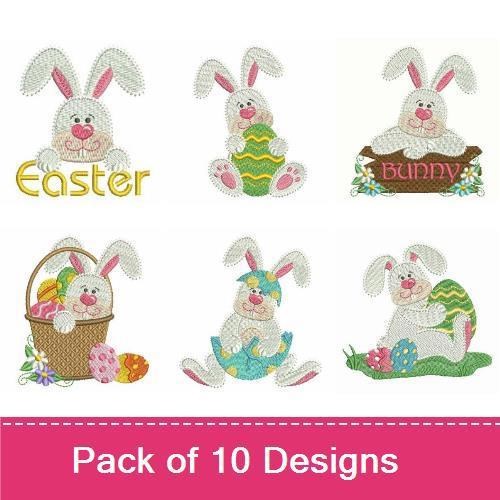 Easter Bunny Embroidery Bundle – Bunny with Egg, Bunny with Basket, Bunny with Flowers & More (10 Designs)