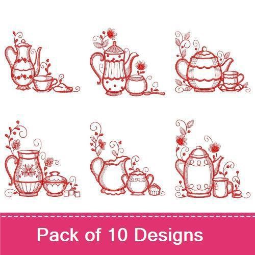Redwork Vintage Tea Time Embroidery Designs Bundle – Teapot with Floral Design, Decorative Teacup, & More (10 Designs)