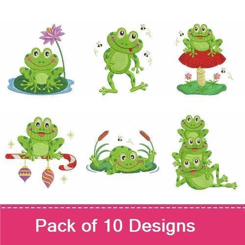 Cute Frog Embroidery Designs Bundle – Frog Wearing Hat, Frog with Heart, Frog with Flower & More (10 Designs)
