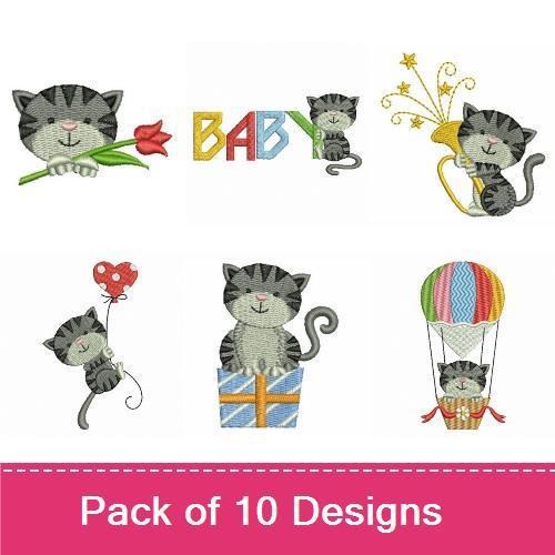 Cute Kitten Embroidery Bundle – Flower, Balloon, Gift & More (10 Designs)
