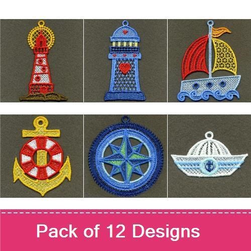 FSL Nautical Embellishments Embroidery Designs Bundle – Lighthouse, Sailboat, Anchor & More (12 Designs)