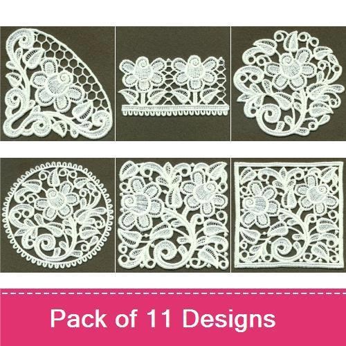 FSL Floral Lace Embellishments Bundle – Lace Flower Motif, Ornate Floral Lace & More (11 Designs)