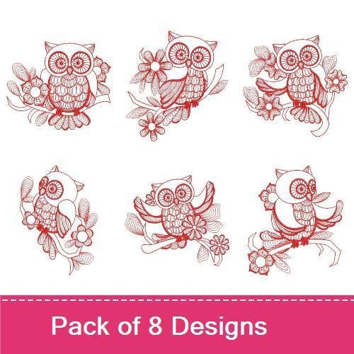 Redwork Owl Embroidery Bundle – Owl with Flowers, Owl Sitting on a Branch, Owl and Blossom & More (8 Designs)