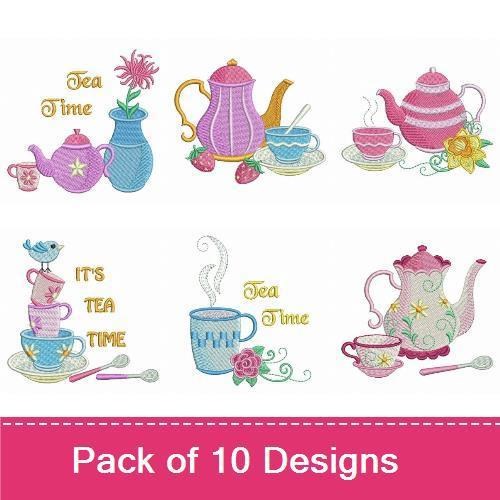 Tea Time Embroidery Designs Bundle – Teapot with Cup, Flower Teapot, Pink Teapot & More (10 Designs)