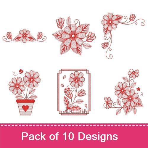 Redwork Daisy Flower Embroidery Bundle – Daisy Bouquet, Heart with Daisies, Floral Star & More (10 Designs)
