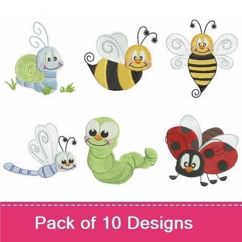 Cute Bugs Embroidery Designs Bundle – Bee, Ladybug, Caterpillar & More (10 Designs)