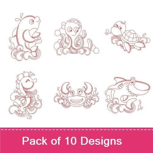 Redwork Cute Sea Creatures Embroidery Designs Bundle – Dolphin, Octopus, Turtle, Fish & More (10 Designs)