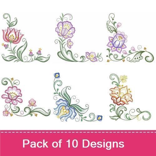 Elegant Floral Embellishments Embroidery Designs Bundle – Purple Flowers, Pink Tulip, Decorative Vines & More (10 Designs)