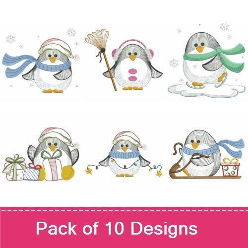 Winter Penguin Embroidery Designs Bundle – Penguin with Scarf, Penguin with Hat and Mittens, & More (10 Designs)
