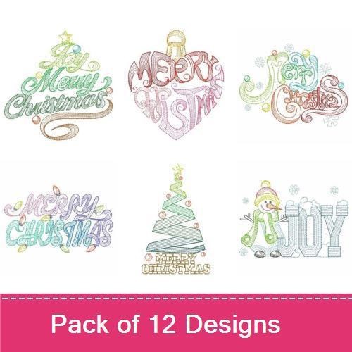 Rippled Whimsical Christmas Embroidery Designs Bundle – Joy Christmas, Merry Christmas, Ornament & More (12 Designs)