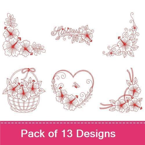 Redwork Hibiscus Floral Embroidery Designs Bundle – Arrangement, Wreath, Bees & More (13 Designs)