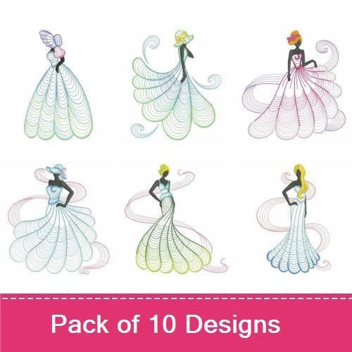 Rippled Elegant Dress Silhouettes Embroidery Bundle – Dress Silhouette with Swirls, Mermaid Dress, Ball Gown & More (10 Designs)