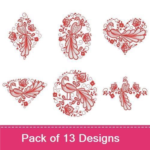 Redwork Elegant Peacock Embroidery Designs Bundle – Red Peacock with Flowers, Ornate Heart, Floral Frame & More (13 Designs)