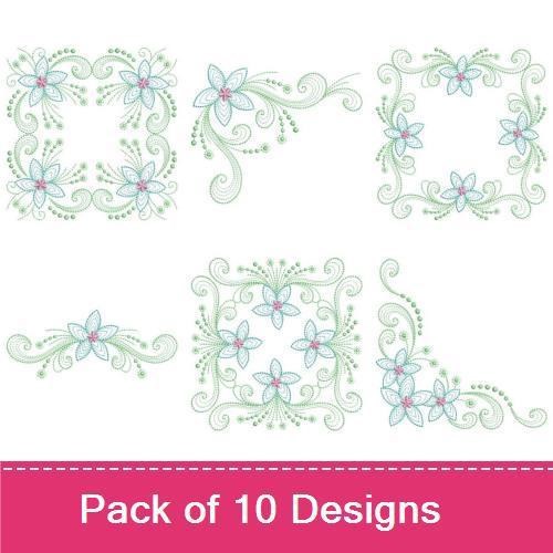 Rippled Floral Swirl Embroidery Designs Bundle – Floral Corner Embellishment, Square Floral Border, Delicate Floral Frame & More (10 Designs)