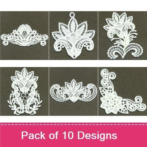 FSL Elegant White Lace Embroidery Bundle – Floral Motifs, Ornate Borders, Delicate Embellishments & More (10 Designs)