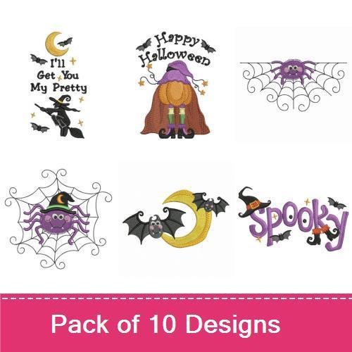 Halloween Embroidery Designs Bundle – Witch on Broomstick, Happy Halloween Cat, Halloween Pumpkin & More (10 Designs)