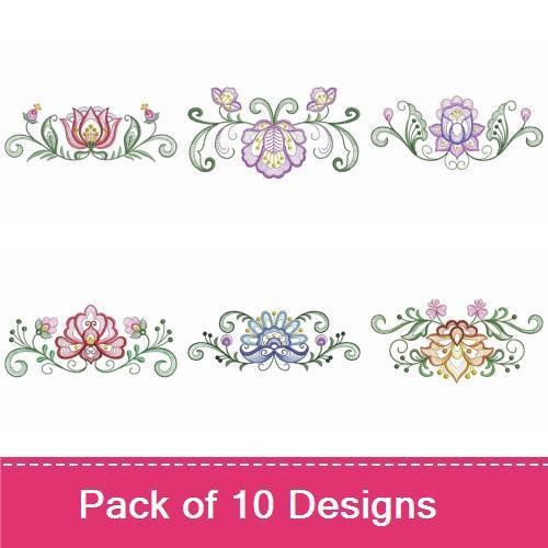 Rippled Elegant Floral Embroidery Bundle – Lotus Flower, Decorative Arrangement, Chic Flower & More (10 Designs)