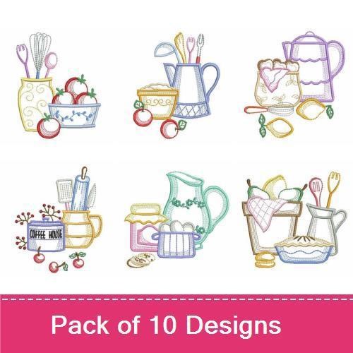 Redwork Country Kitchen Embroidery Designs Bundle – Pitcher with Flowers, Teapot with Cups, Baking Roller with Jar & More (10 Designs)