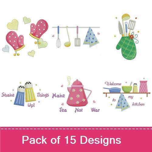 Kitchen Utensils & Sayings Embroidery Designs Bundle – Whisk with Phrase, Teapot with Hearts, & More (15 Designs)