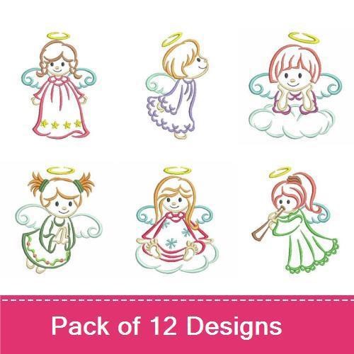 Redwork Sweet Angel Embroidery Designs Bundle – Angel with Stars, Standing Angel, Angel with Flower & More (12 Designs)