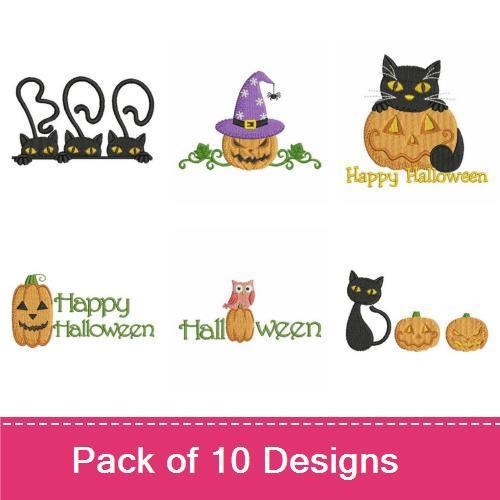Halloween Themed Embroidery Designs Bundle – Witch with Broom, Haunted House, Pumpkin & More (10 Designs)