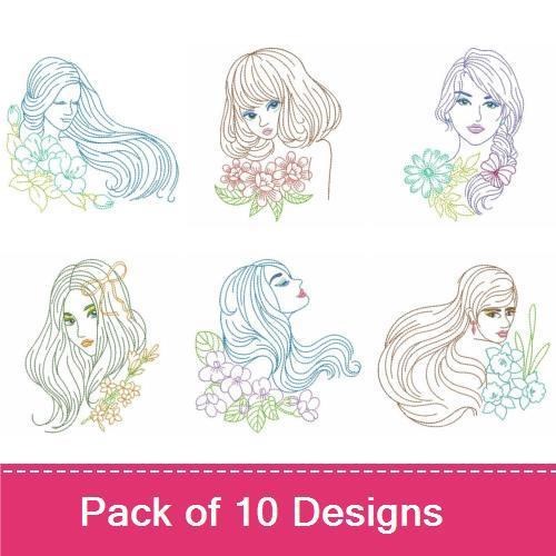 Redwork Elegant Floral Women Portraits Embroidery Bundle – Floral Woman with Pink Flowers, Woman with Light Pink Hair & More (10 Designs)