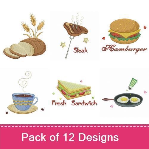 Classic Comfort Food Embroidery Designs Bundle – Hamburger, Spaghetti, Steak & More (12 Designs)