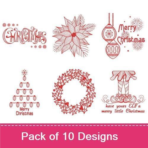 Redwork Christmas Embroidery Designs Bundle – Christmas Script, Poinsettia, Merry Christmas Ornament & More (10 Designs)