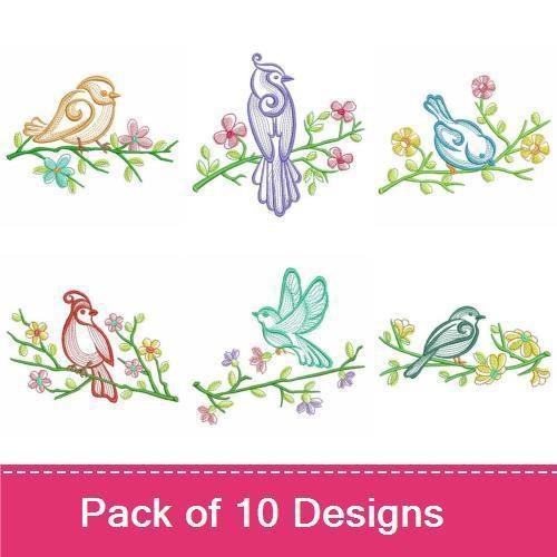 Delicate Birds on Branches Embroidery Designs Bundle – Chirp Bird, Blue Bird, Flowering Branch & More (10 Designs)